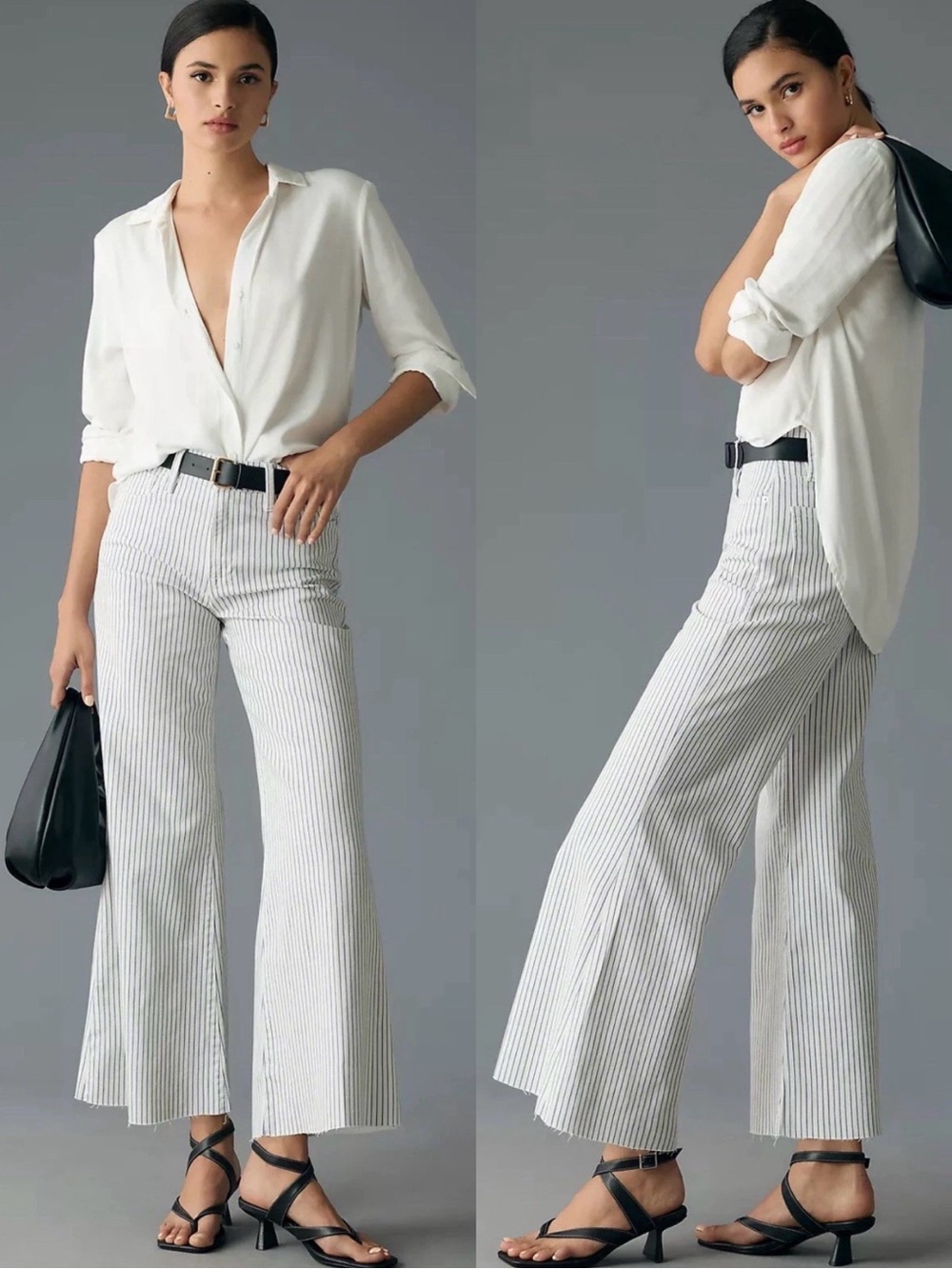 FRAME Le Palazzo High-Rise Wide-Leg Crop Jeans White Blue Stripe Raw Hem Size 28